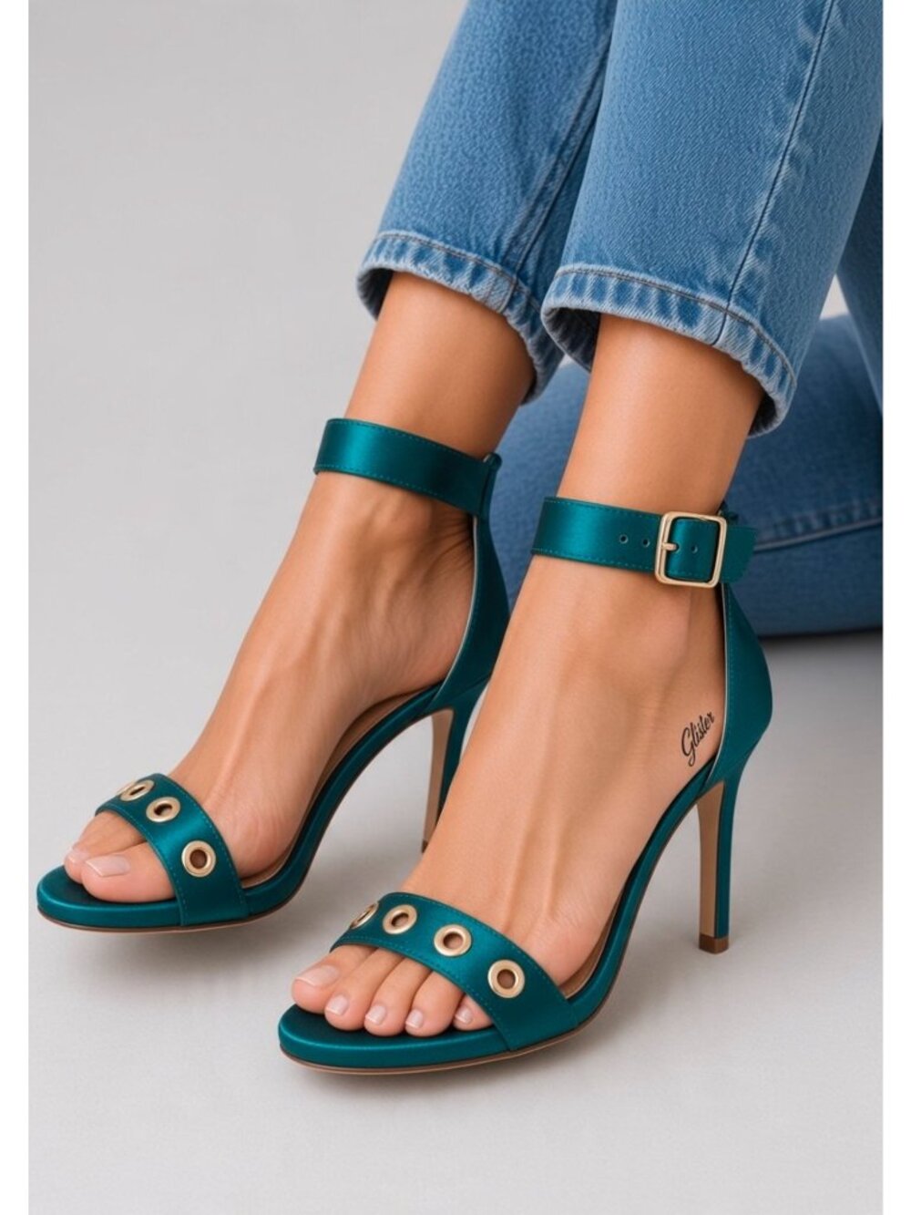 Teal Satin Ankle Strap High Heel Sandals With Buckle & Metal Eyelet Detail